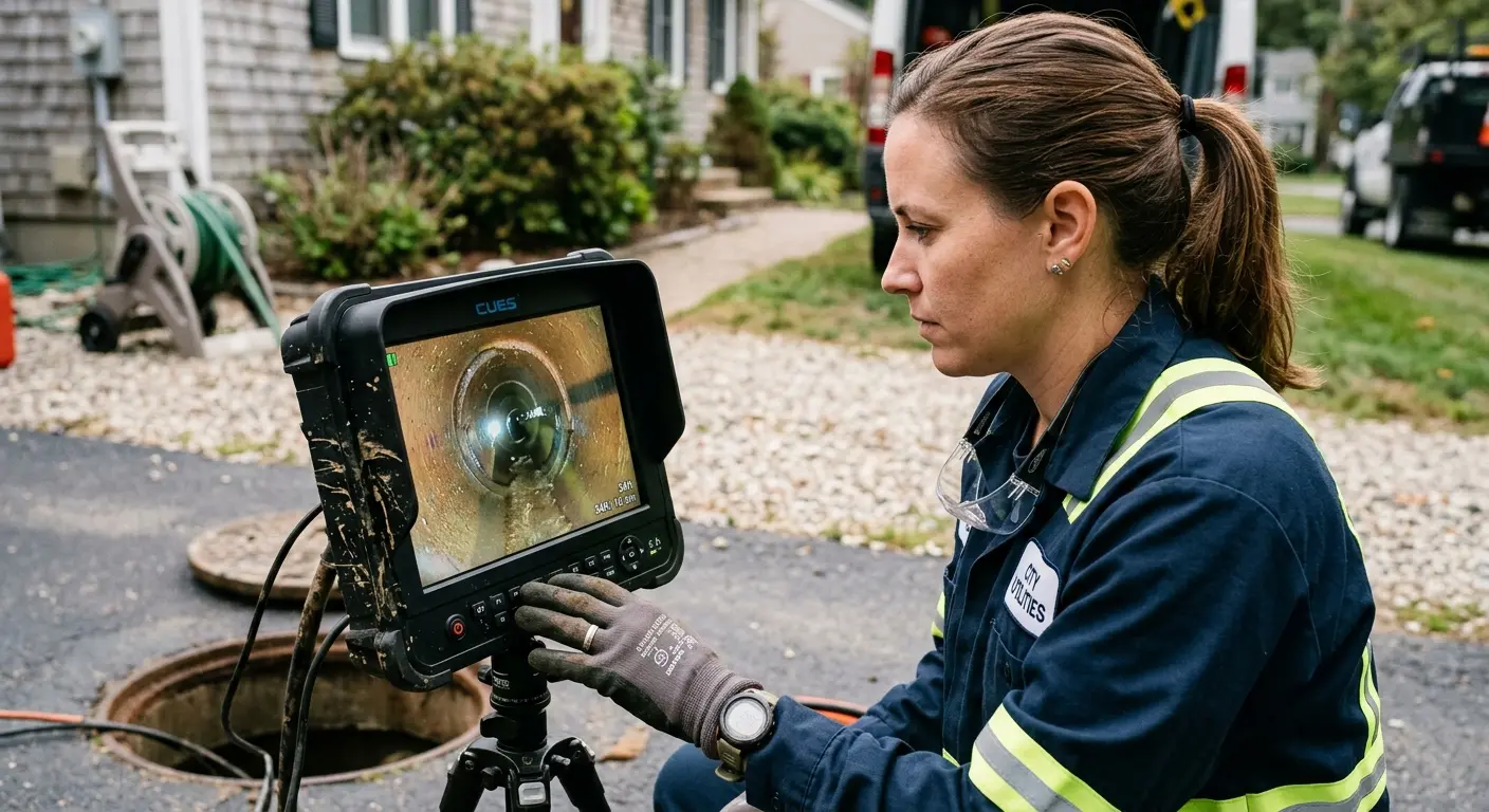 Technician reviewing sewer camera inspection footage in Blytheville