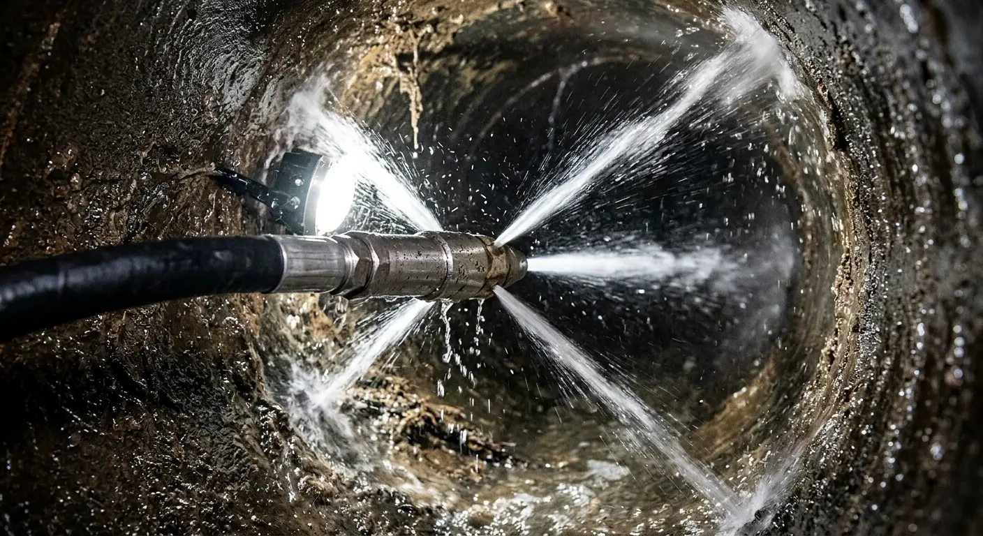 High-pressure hydro jetting nozzle cleaning sewer pipe for Trenchless Sewer Repair in Blytheville