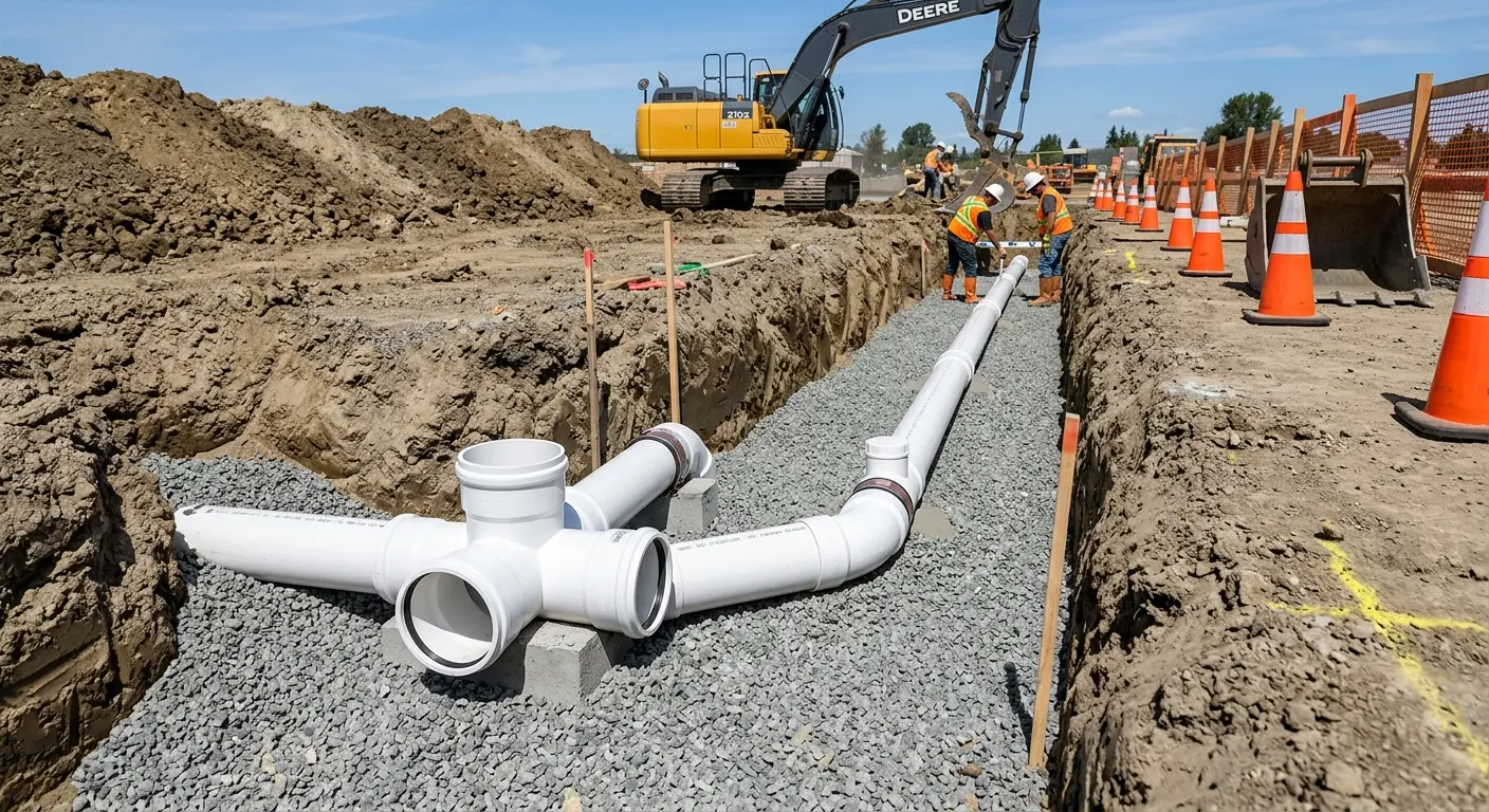 New PVC sewer pipe installation in open trench for Commercial Drain Cleaning in Blytheville