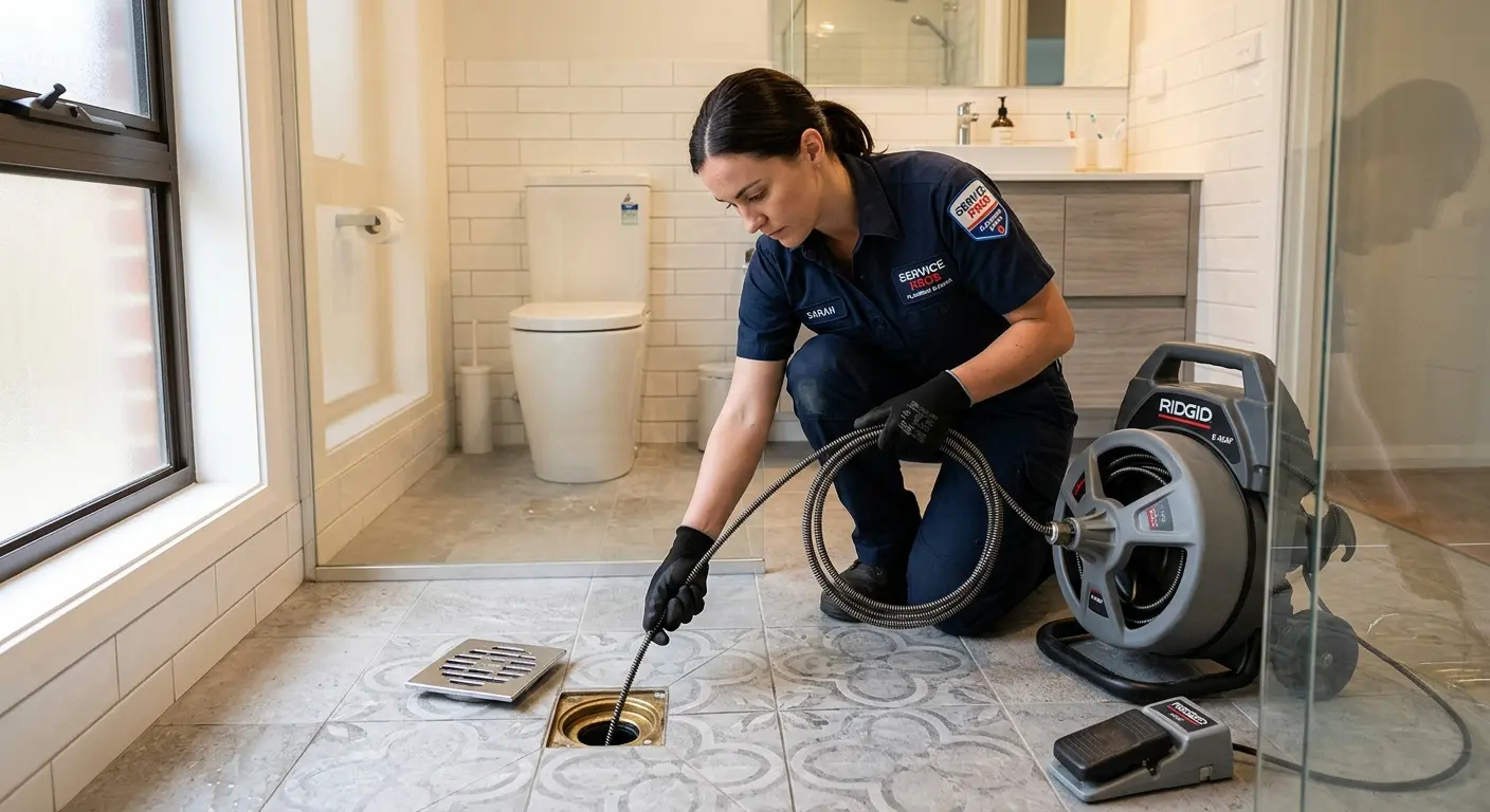 Technician clearing a bathroom floor drain for Clogged Drain Repair in Blytheville